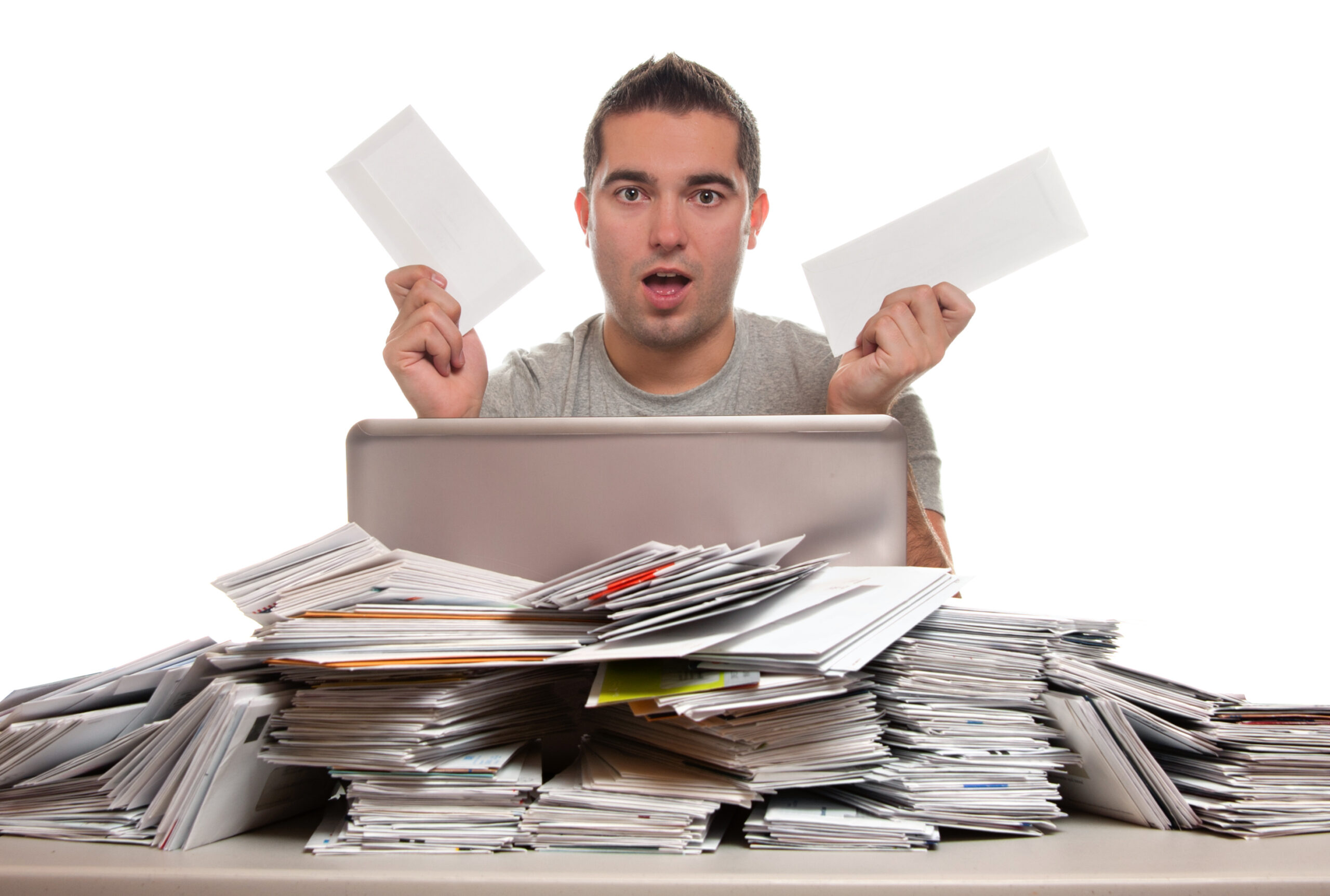 Financial Problems, Young Man with Paperwork Overload and Unpaid Bills